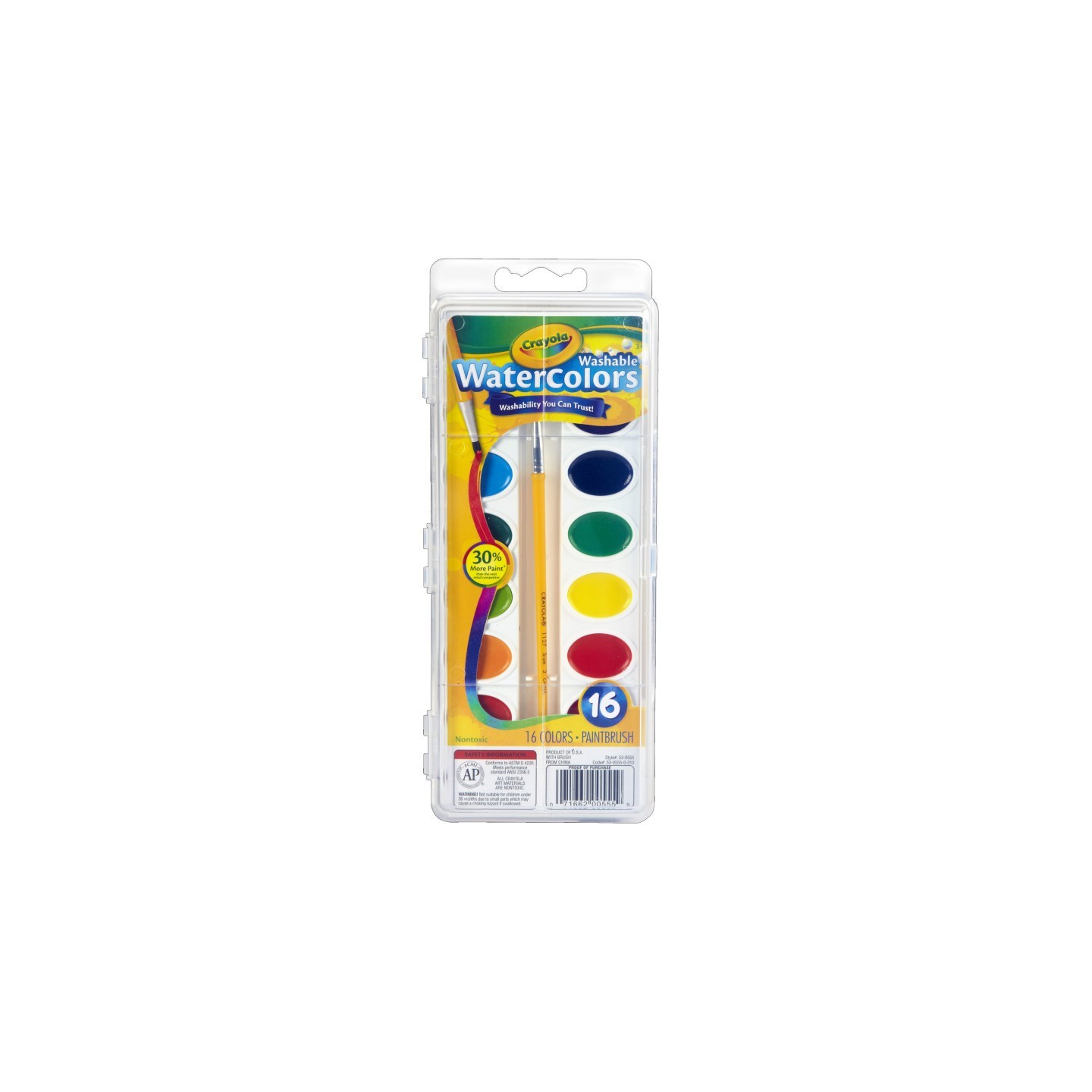 Crayola® Washable Watercolors, 16 Semi-Moist Oval Pans & Brush