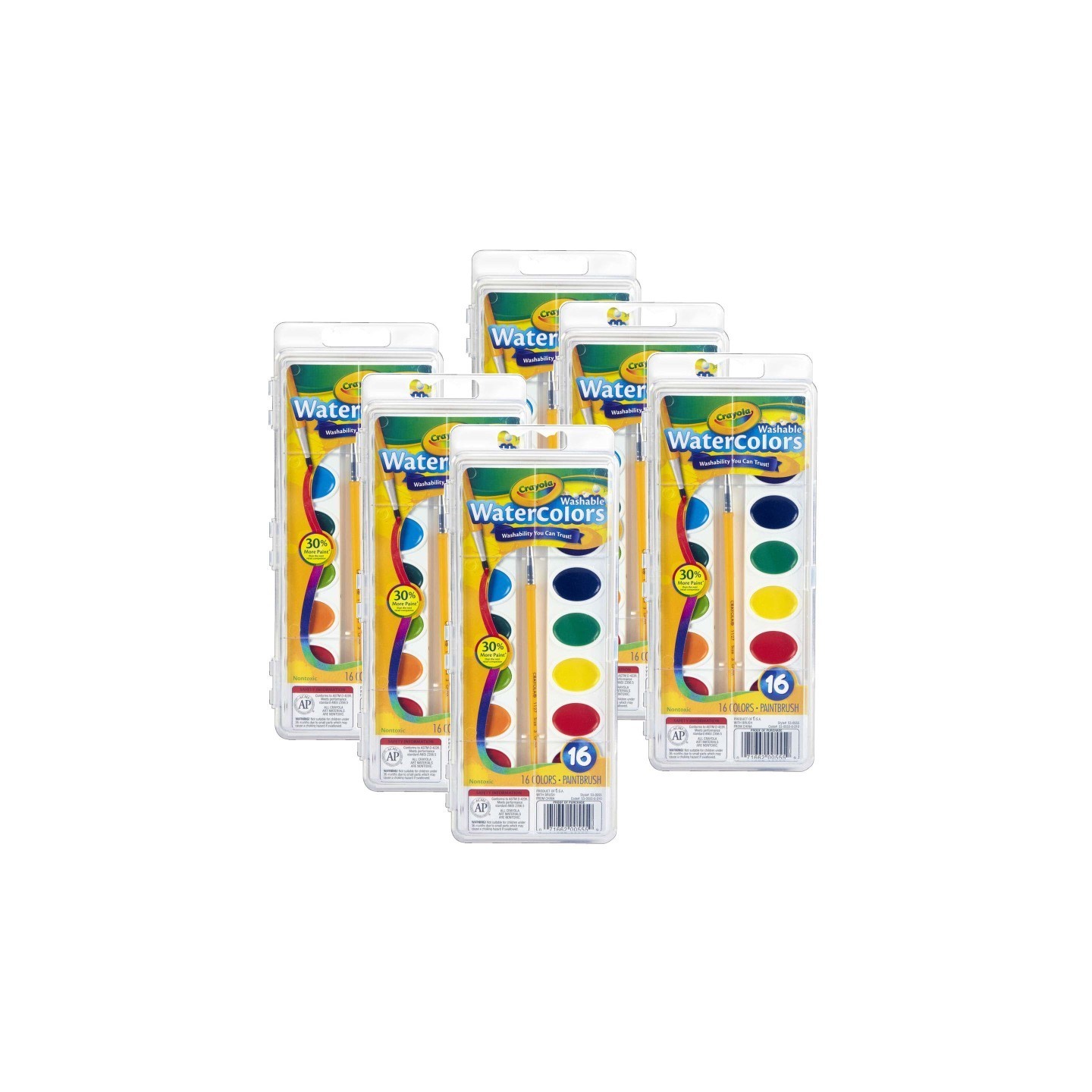 Crayola® Washable Watercolors, 16 Semi-Moist Oval Pans & Brush, 6 Sets