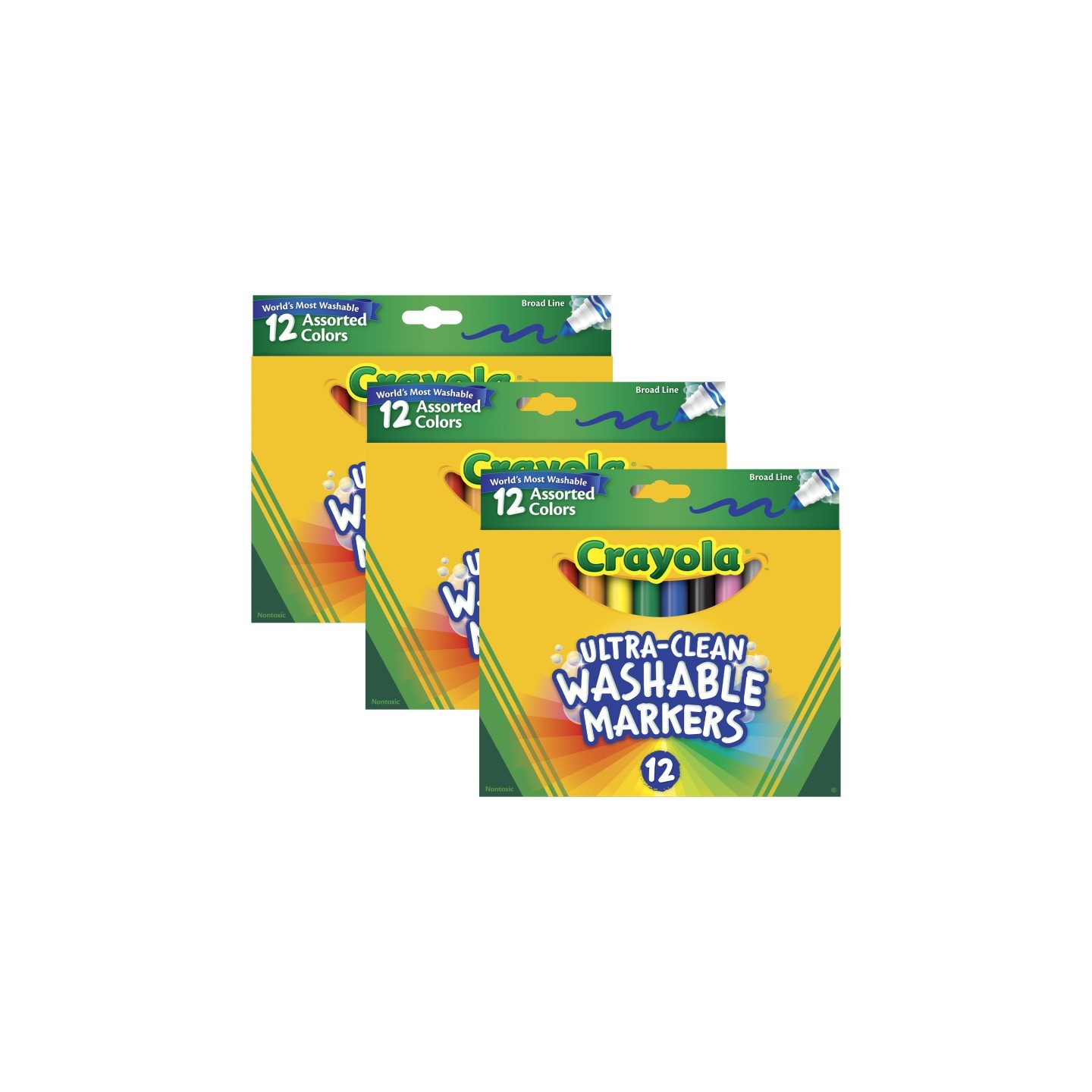 Crayola® Ultra-Clean Markers, Broad Line, Assorted Colors, 12 Per Box, 3 Boxes