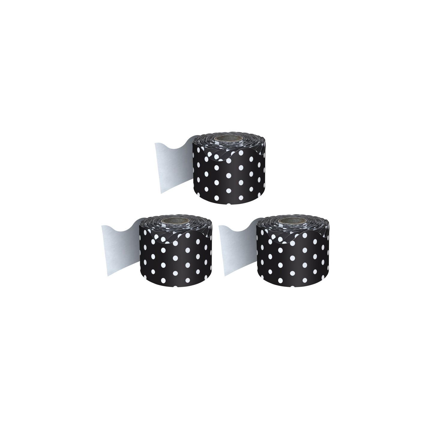 Carson Dellosa Education Black with White Polka Dots Rolled Scalloped Border, 65 Feet Per Roll, Pack of 3