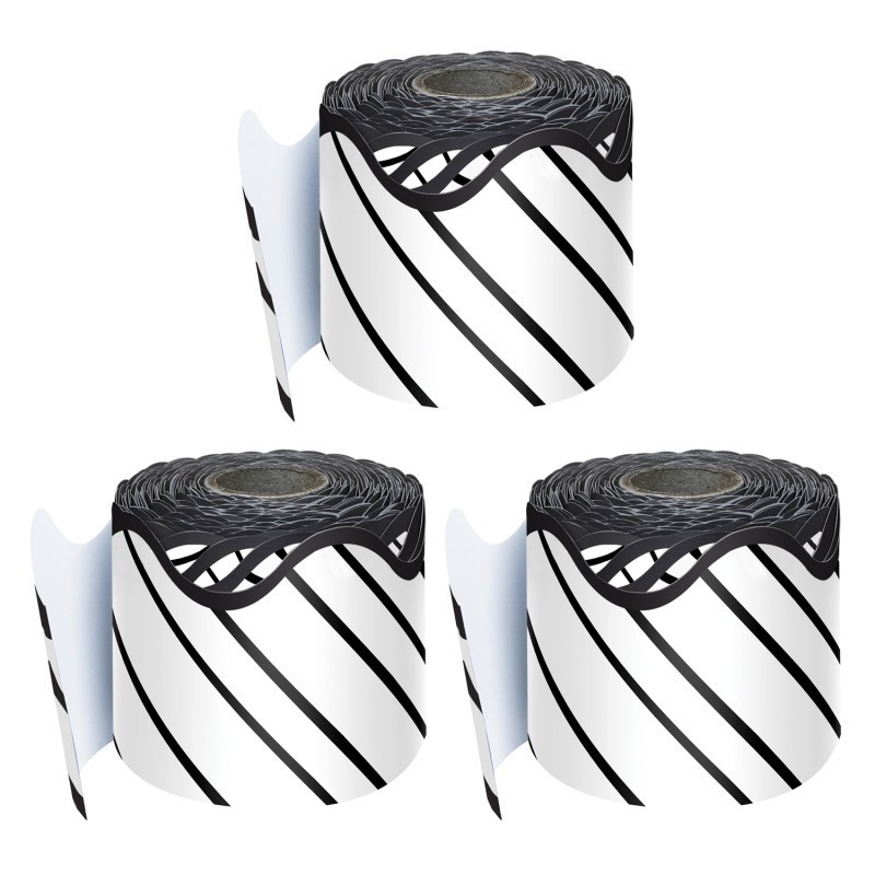 Carson Dellosa Education Kind Vibes Black & White Stripes Rolled Scalloped Border, 65 Feet Per Roll, Pack of 3