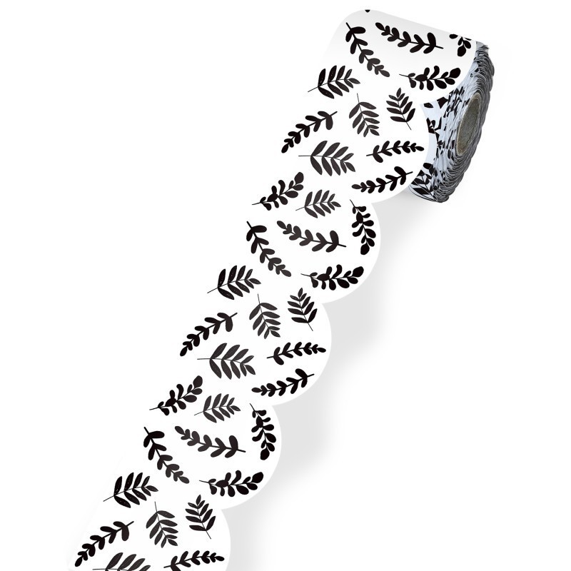Carson Dellosa Education White with Black Leaves Rolled Scalloped Borders, 65 Feet