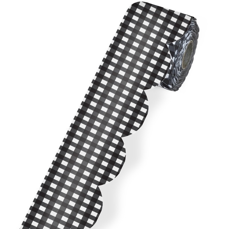 Carson Dellosa Education Black Gingham Rolled Scalloped Borders, 65 Feet