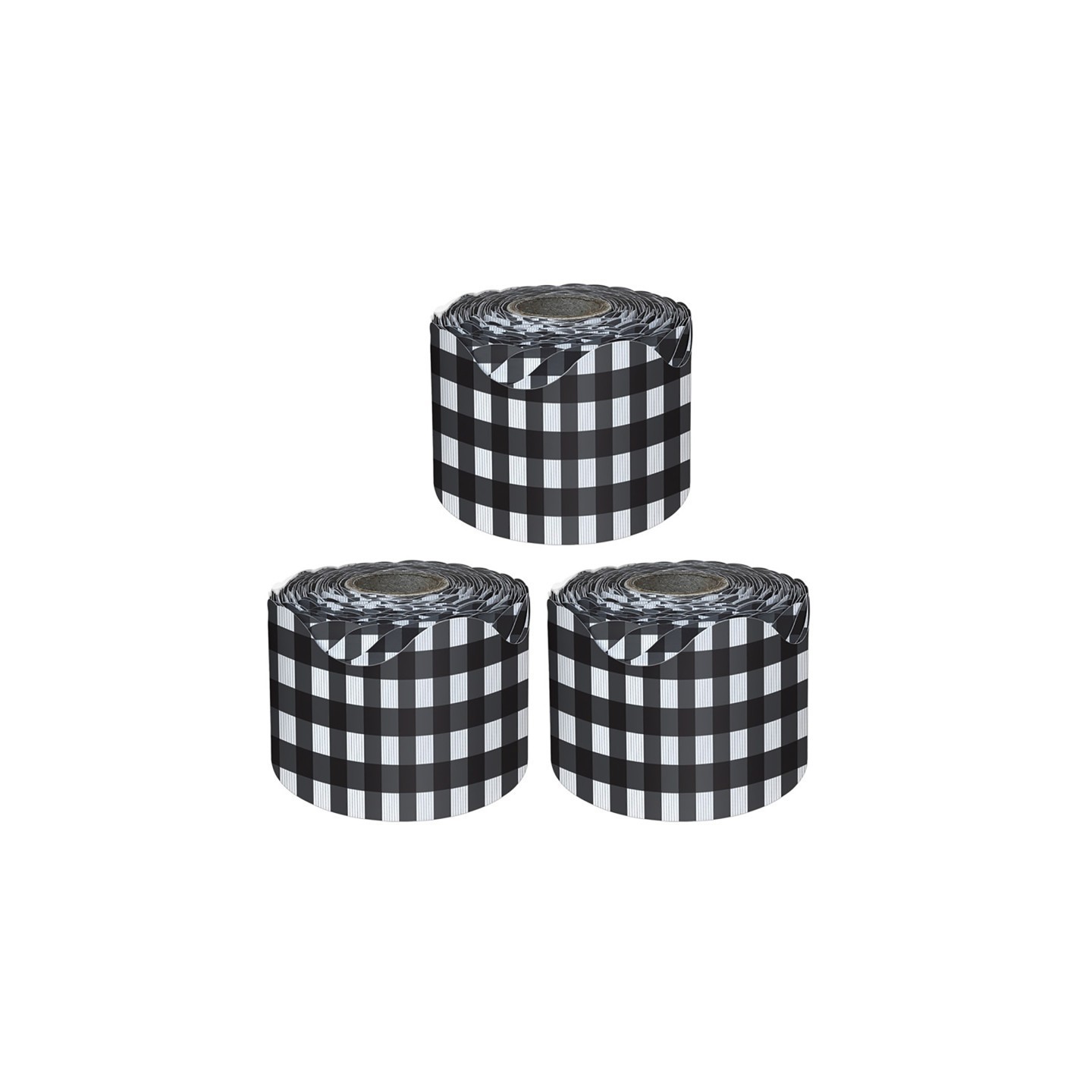Carson Dellosa Education Black Gingham Rolled Scalloped Borders, 65 Feet Per Roll, Pack of 3