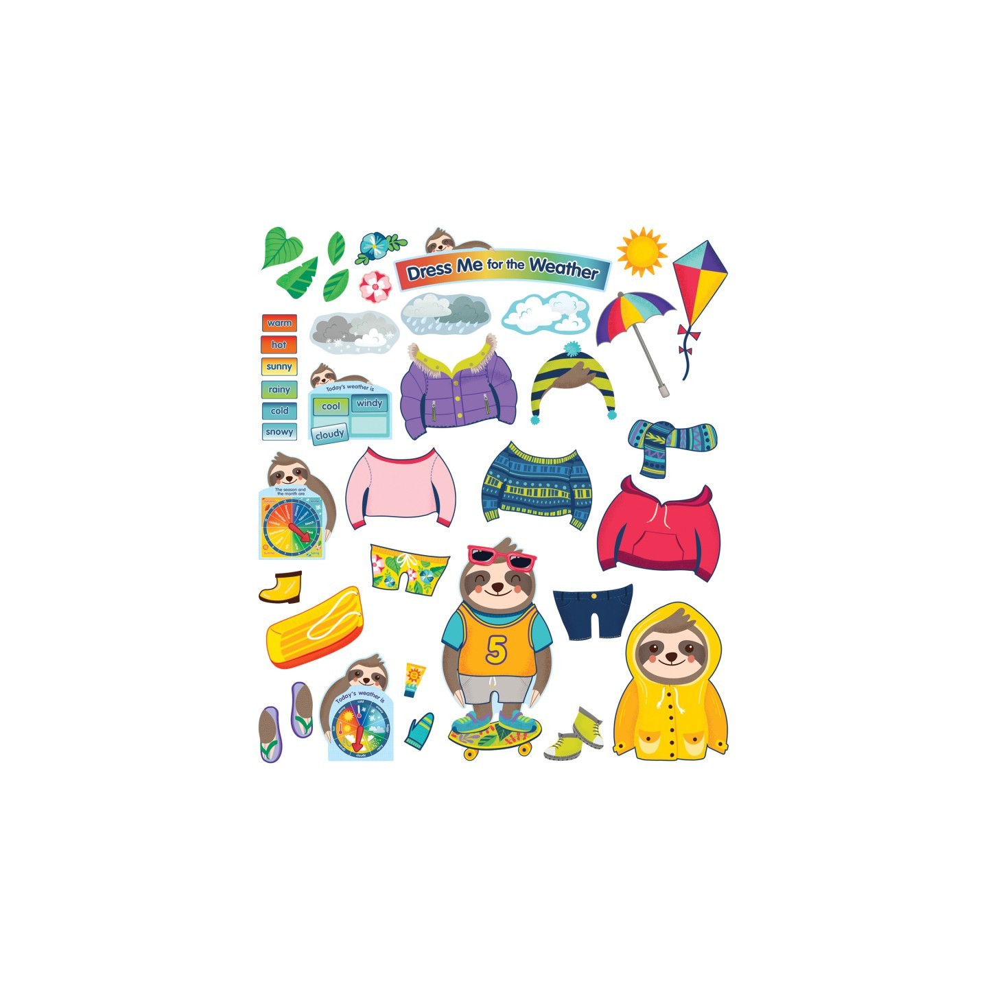 Carson Dellosa Education One World Sloth Dress Me for the Weather Bulletin Board Set, Grade PK-2, 54 Pieces