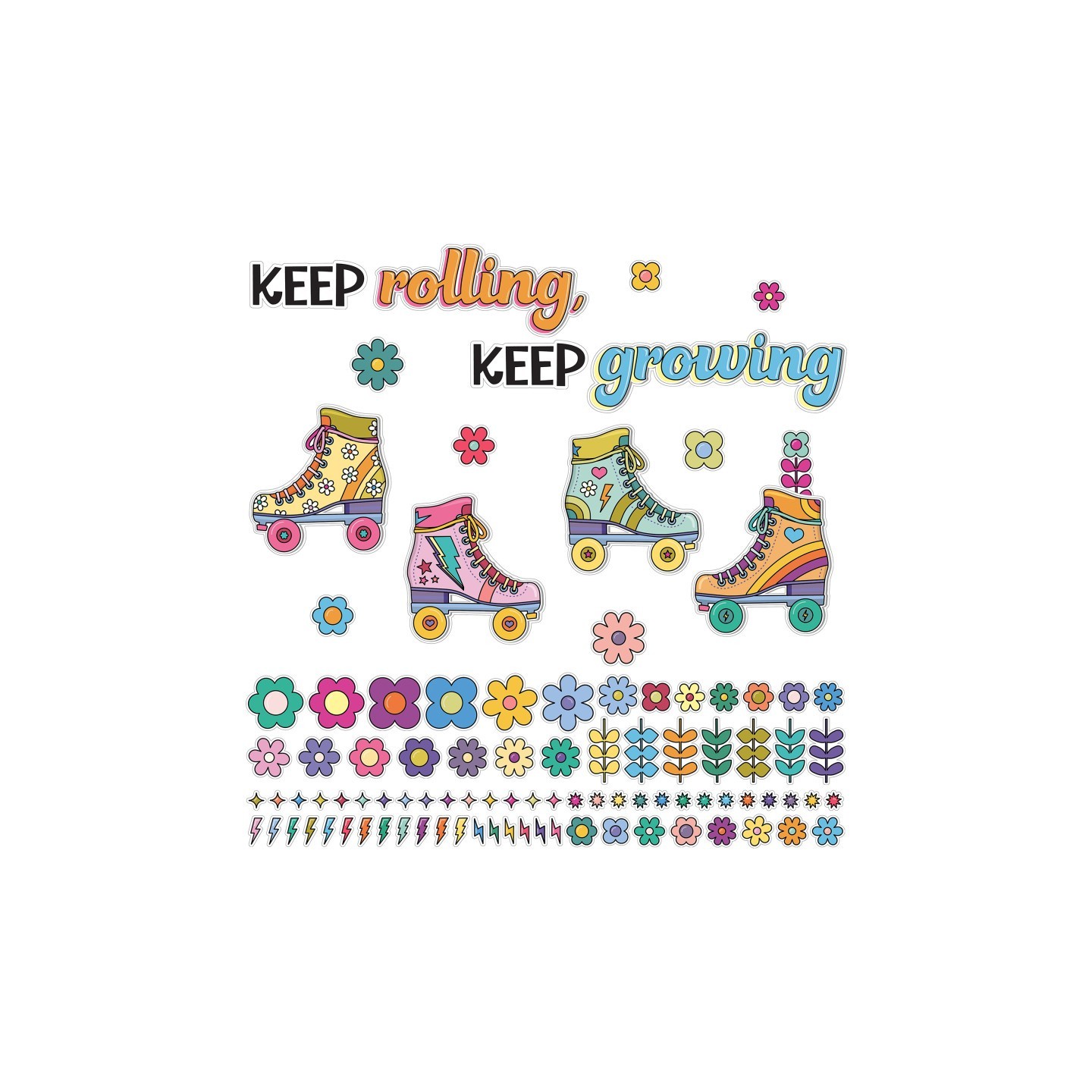 Carson Dellosa Education Happily Ever Elementary Retro Remix Keep Rolling, Keep Growing Bulletin Board Set, 103 Pieces