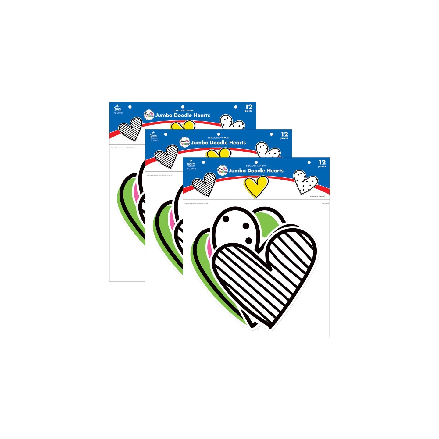 Carson Dellosa Education Kind Vibes Jumbo Doodle Hearts Cut-Outs, 12 Per Pack, 3 Packs