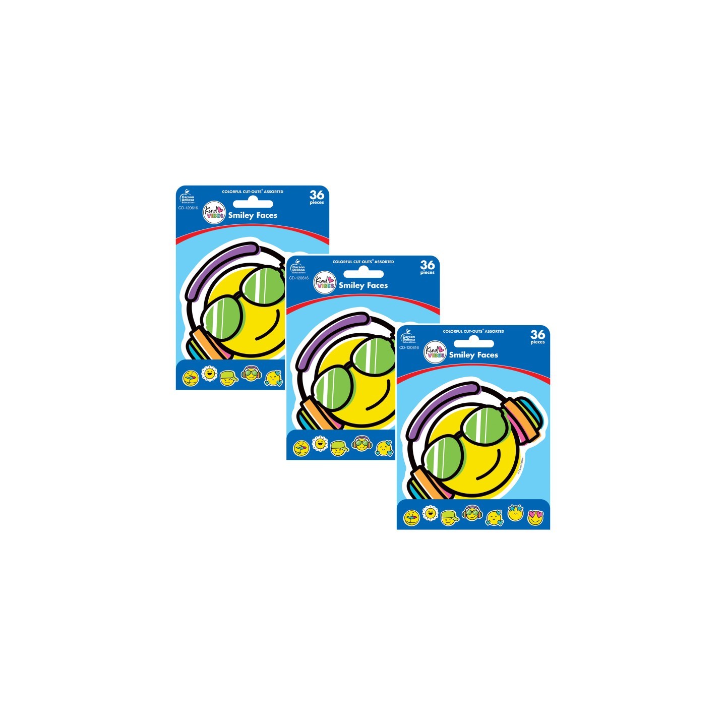 Carson Dellosa Education Kind Vibes Smiley Faces Cut-Outs, 36 Per Pack, 3 Packs
