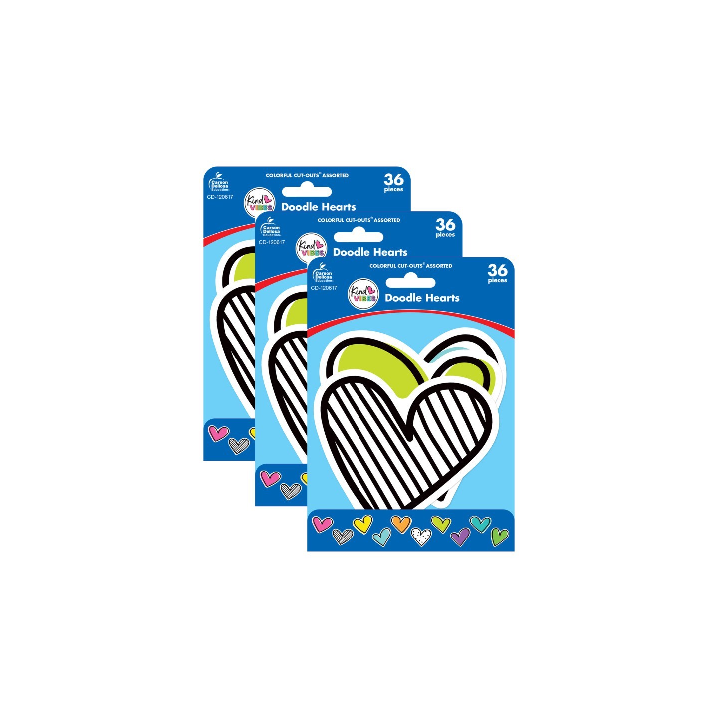 Carson Dellosa Education Kind Vibes Doodle Hearts Cut-Outs, 36 Per Pack, 3 Packs