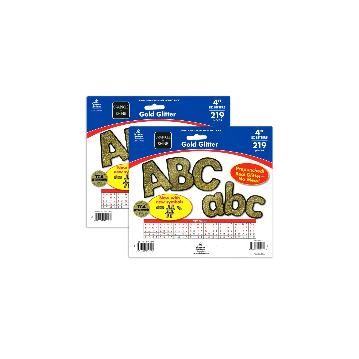 Carson Dellosa Education Sparkle + Shine Gold Glitter Combo Pack EZ Letters, 4-inch, 219 Pieces Per Pack, 2 Packs