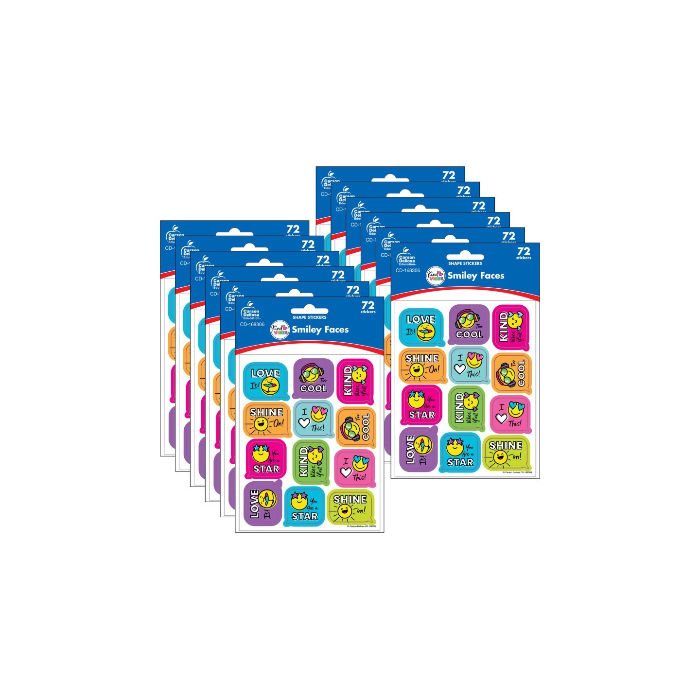 Carson Dellosa Education Kind Vibes Smiley Faces Shape Stickers, 72 Per Pack, 12 Packs