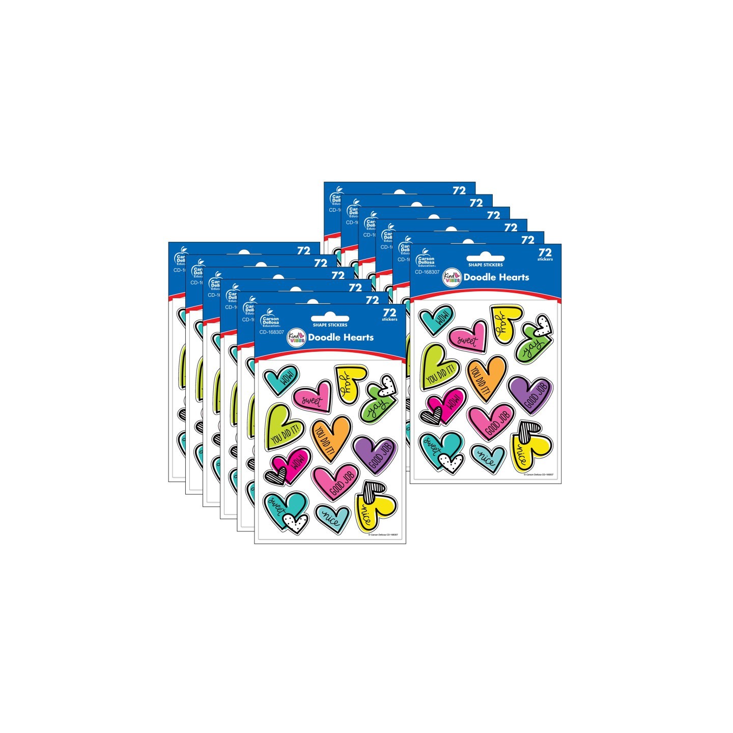 Carson Dellosa Education Kind Vibes Doodle Hearts Shape Stickers, 72 Per Pack, 12 Packs
