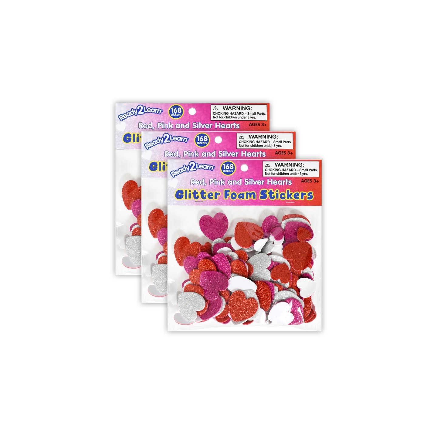 READY 2 LEARN™ Glitter Foam Stickers - Hearts - Red, Pink and Silver - 168 Per Pack - 3 Packs