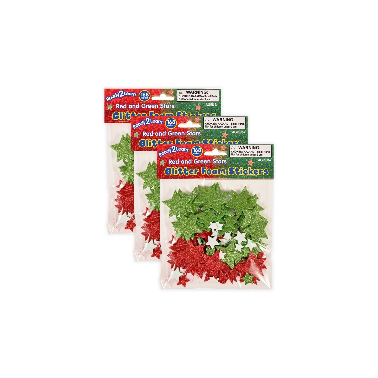 READY 2 LEARN™ Glitter Foam Stickers, Stars, Red and Green, 168 Pieces Per Pack, 3 Packs