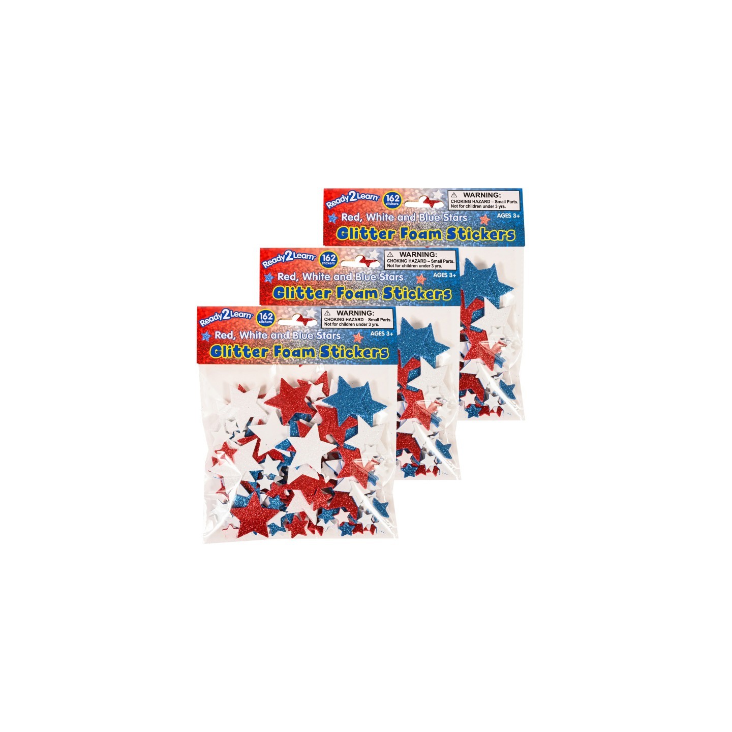 READY 2 LEARN™ Glitter Foam Stickers, Stars, Red White and Blue, 162 Pieces Per Pack, 3 Packs
