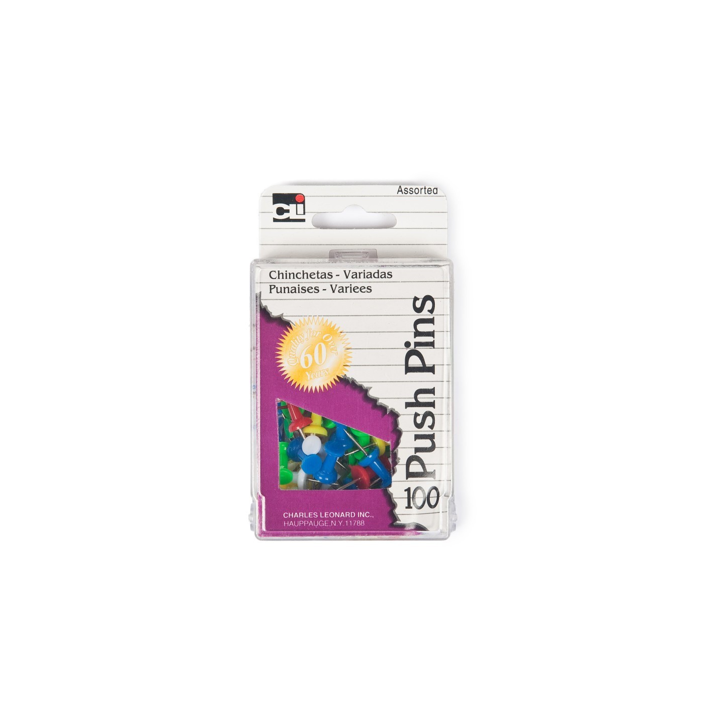 Charles Leonard Push Pins, Assorted Colors, Box of 100