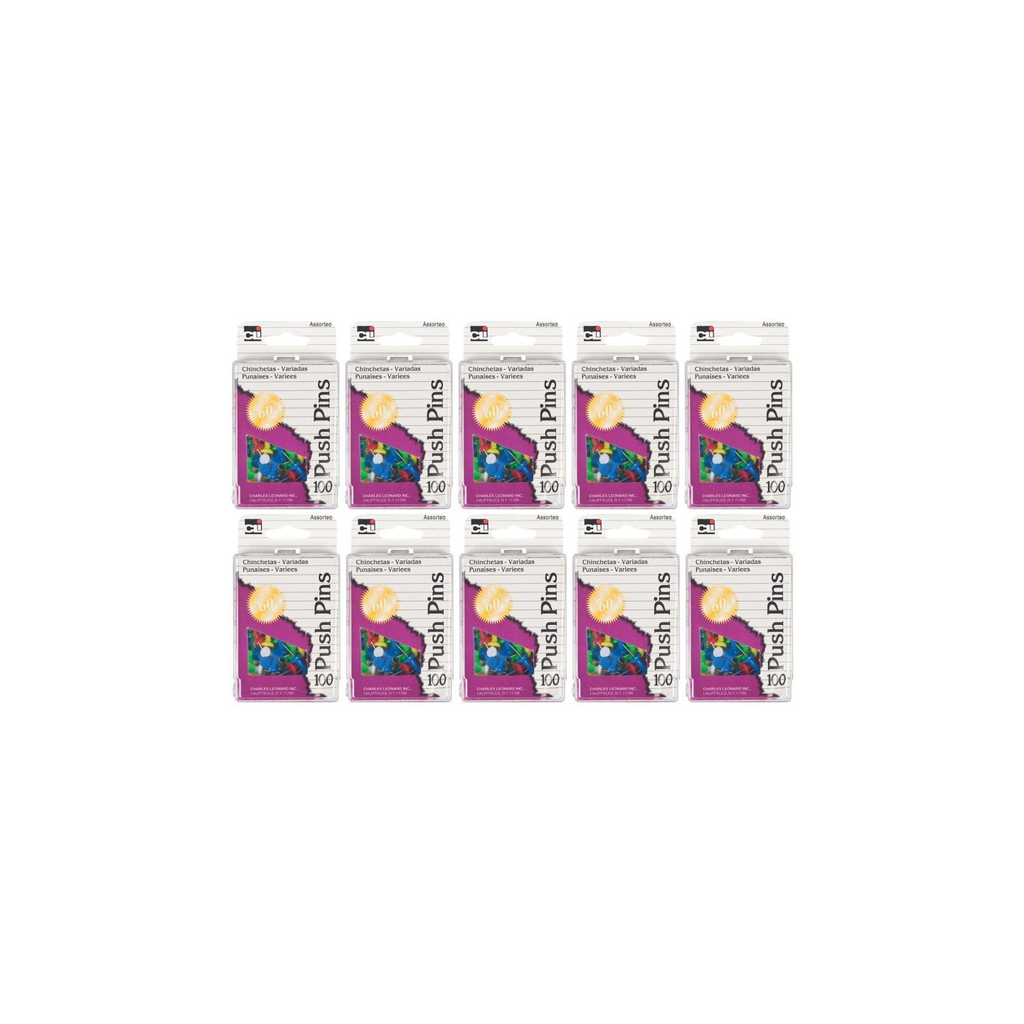 Charles Leonard Push Pins, Assorted Colors, 100 Per Box, 10 Boxes