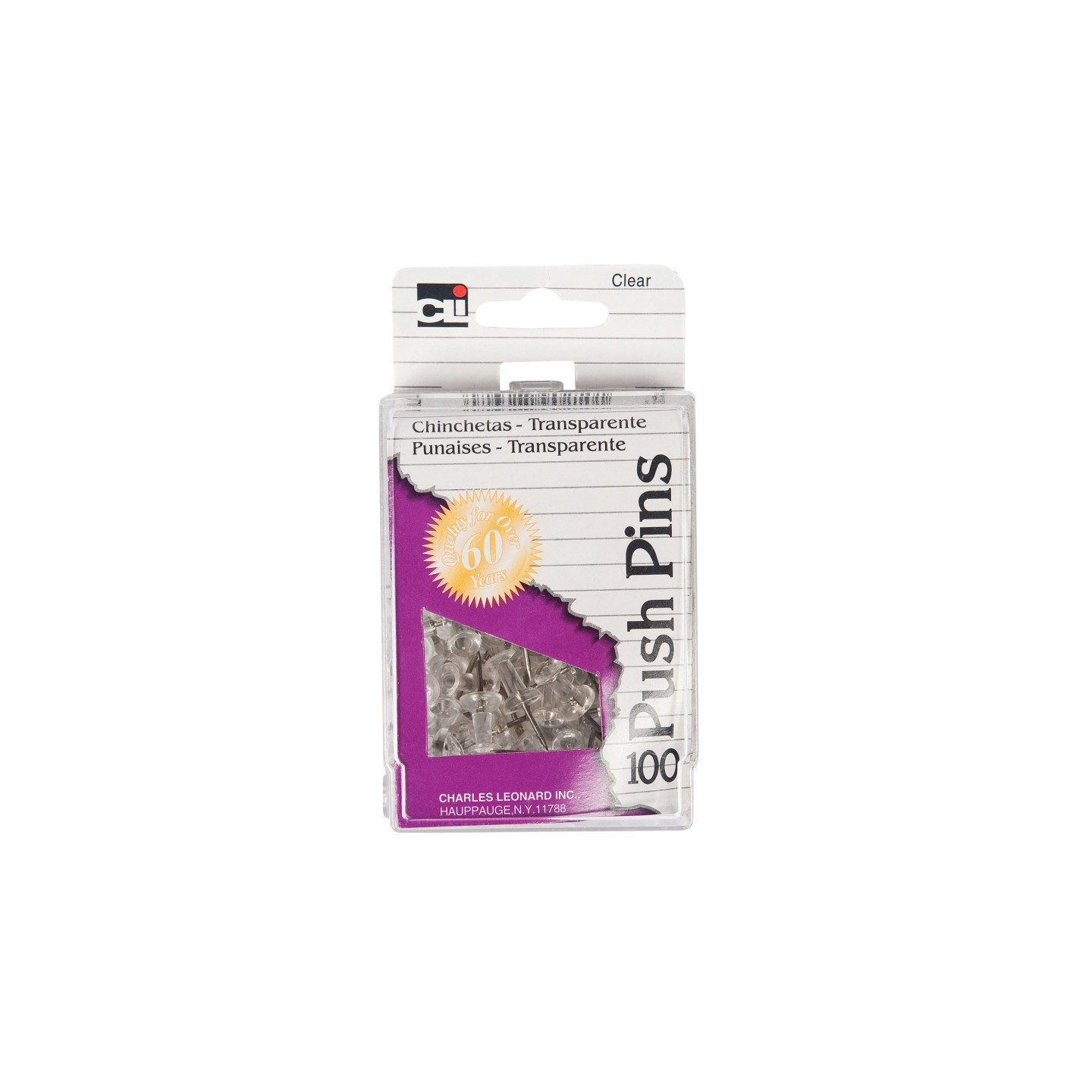 Charles Leonard Push Pins, Clear, 100/Pack
