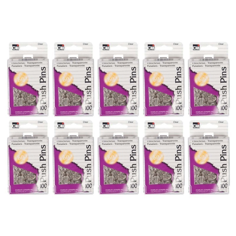 Charles Leonard Push Pins, Clear, 100 Per Box, 10 Boxes