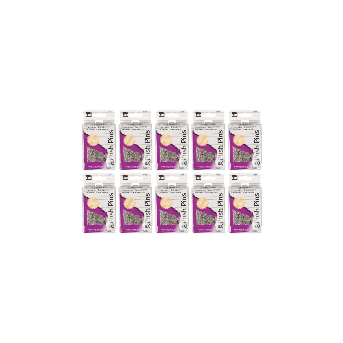 Charles Leonard Push Pins, Clear, 100 Per Box, 10 Boxes