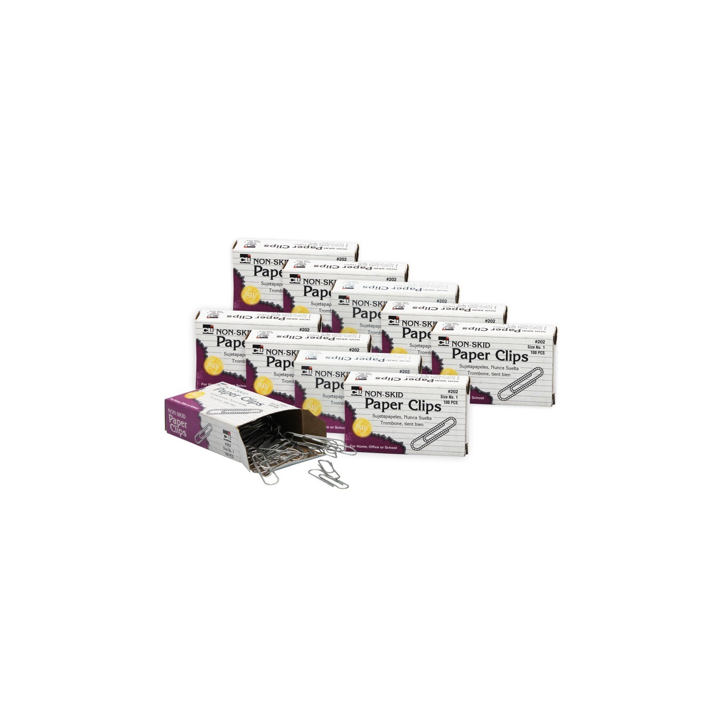 Charles Leonard Paper Clips, Non-Skid, Size #1, Silver, 100 Per Pack, 10 Packs