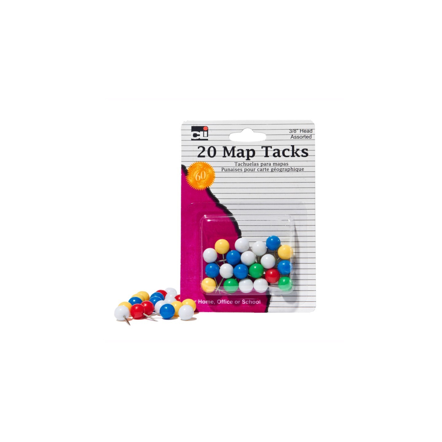 Charles Leonard Map Tacks, 3/8" Head, Assorted Colors, Pack of 20