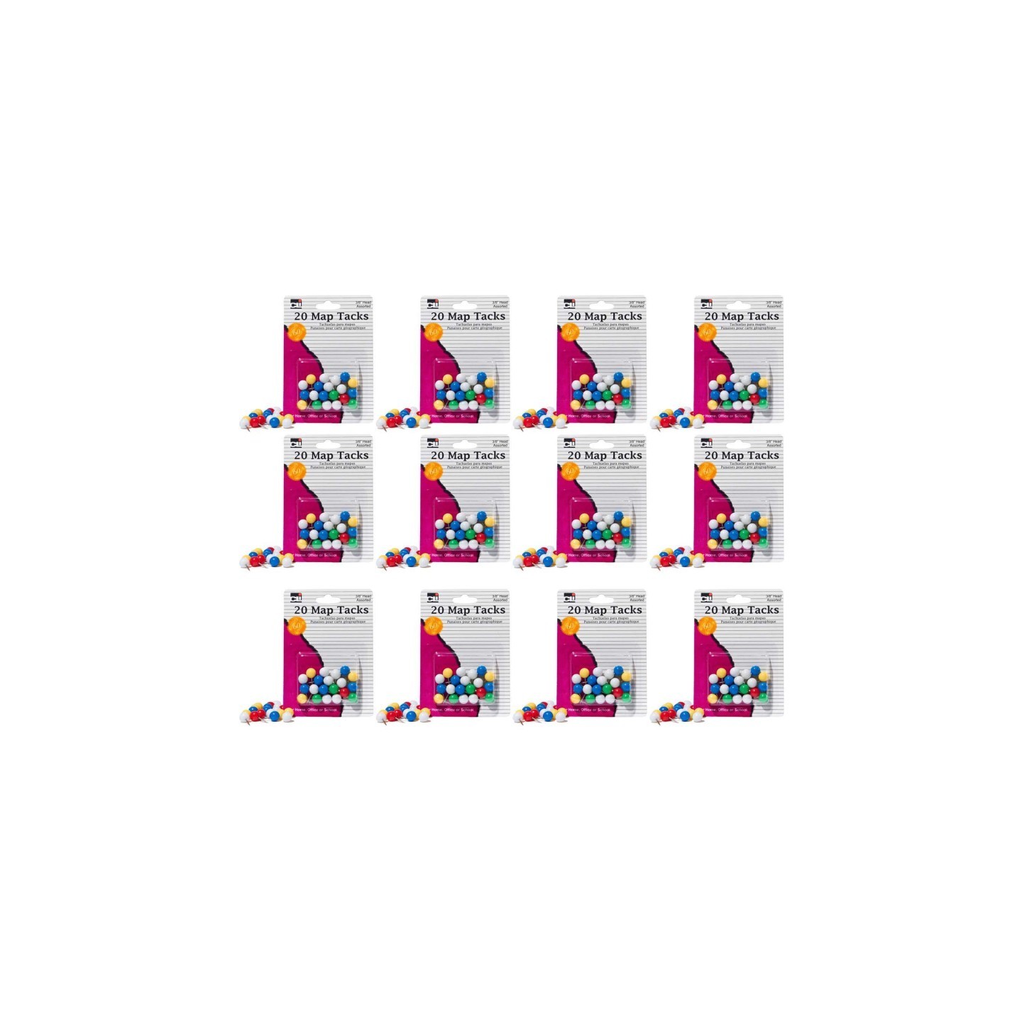 Charles Leonard Map Tacks, 3/8 Inch Head, Assorted Colors, 20 Per Pack, 12 Packs