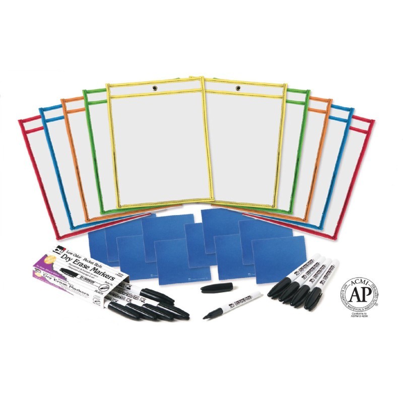 Charles Leonard Reusable Dry Erase Pockets Class Pack with Markers and Cloth Erasers
