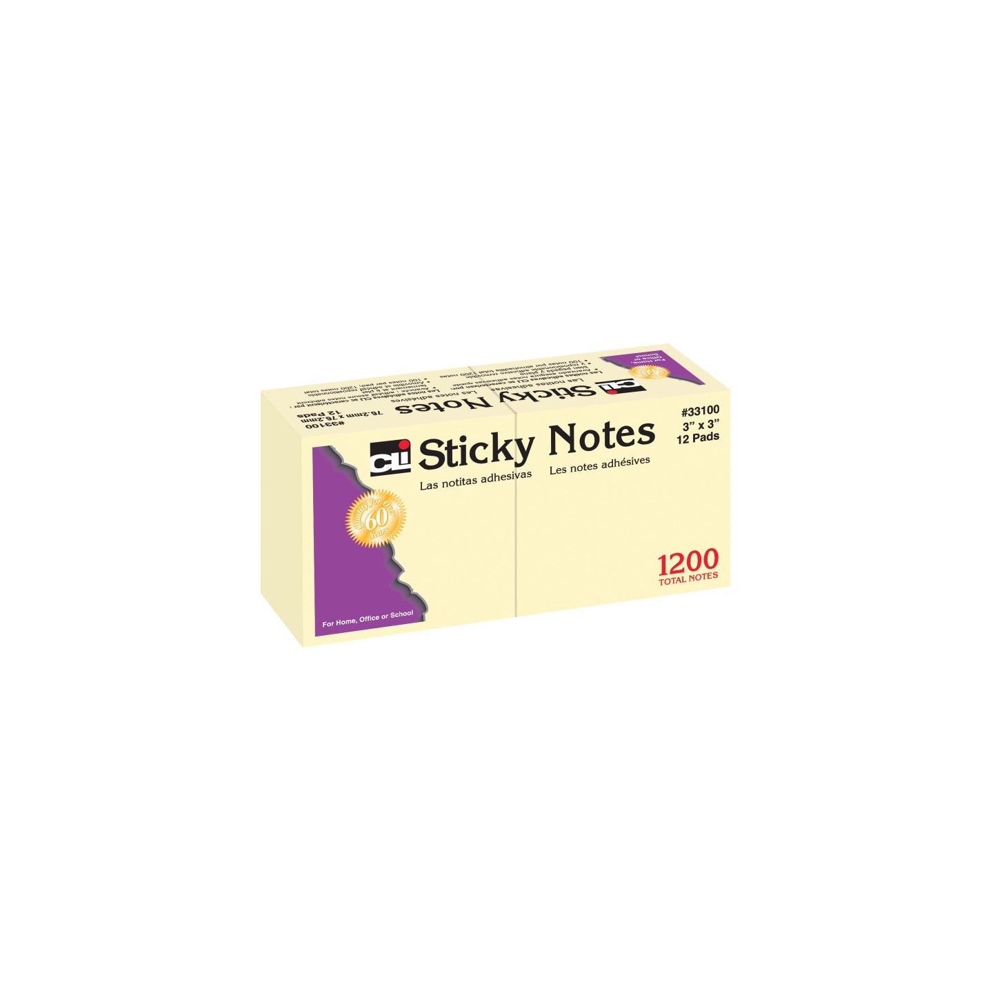 Charles Leonard Sticky Notes, 3 x 3 Inch, 100 Sheets/Pad, Yellow, 12 Pads