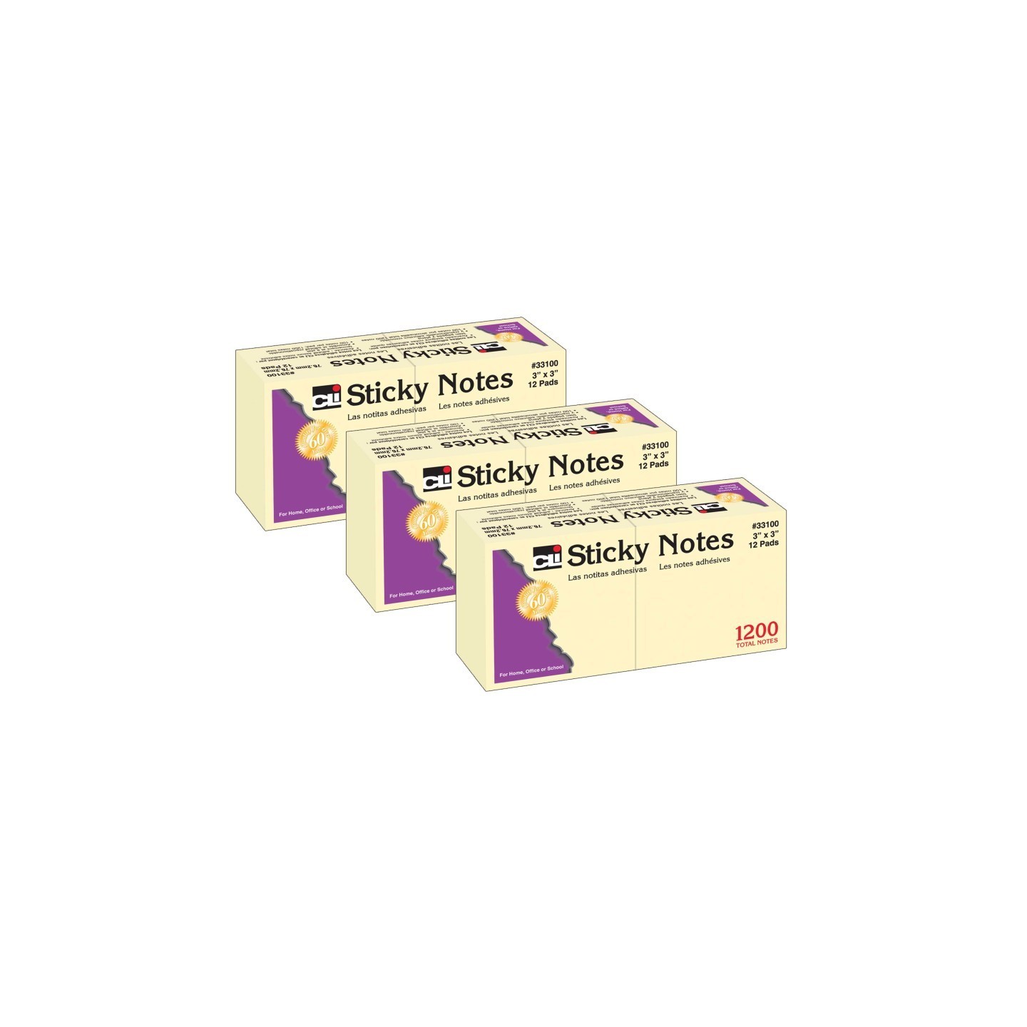 Charles Leonard Sticky Notes, 3 x 3 Inch, 100 Sheets/Pad, Yellow, 12 Pads Per Pack, 3 Packs