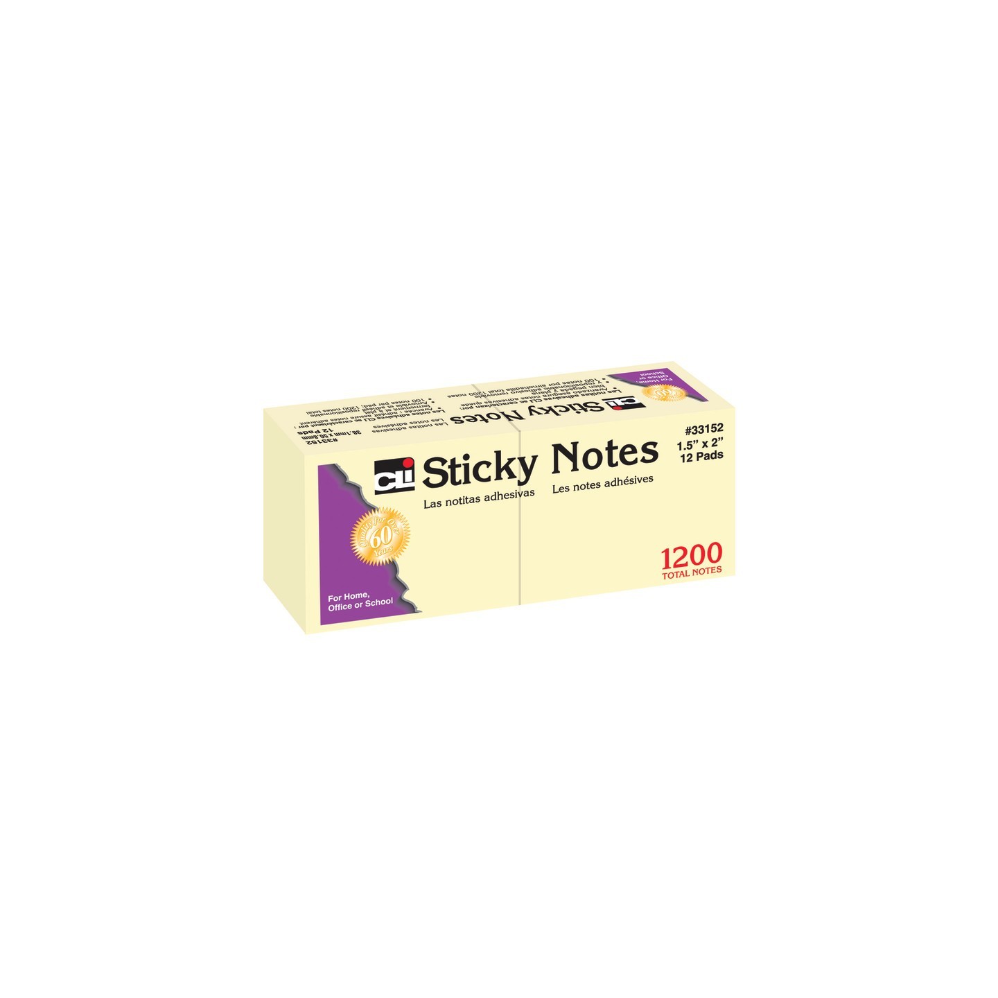 Charles Leonard Sticky Notes, 1.5" x 2", Yellow, 100 Sheets/Pad, 12 Pads