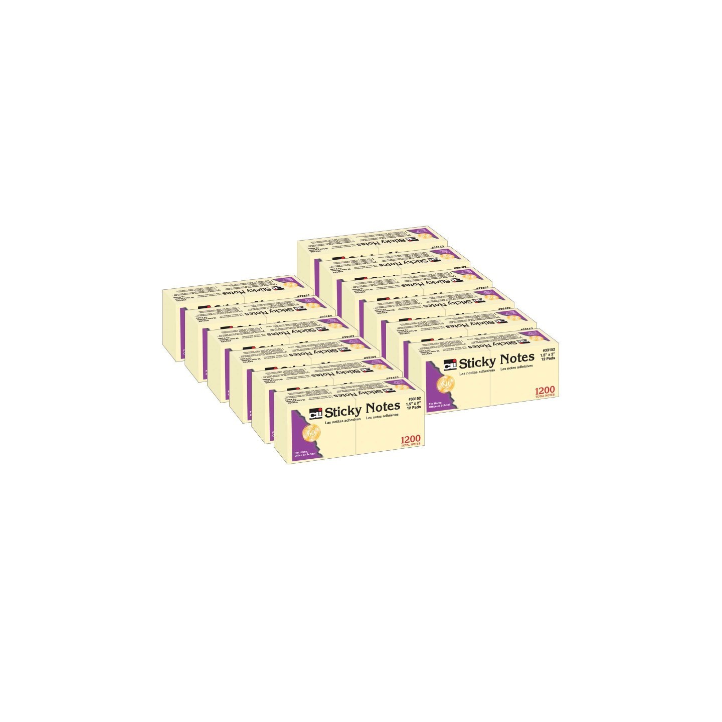 Charles Leonard Sticky Notes, 1 1/2" x 2", Plain, 100 Sheets/Pad, 12 Pads/Pack, 12 Packs