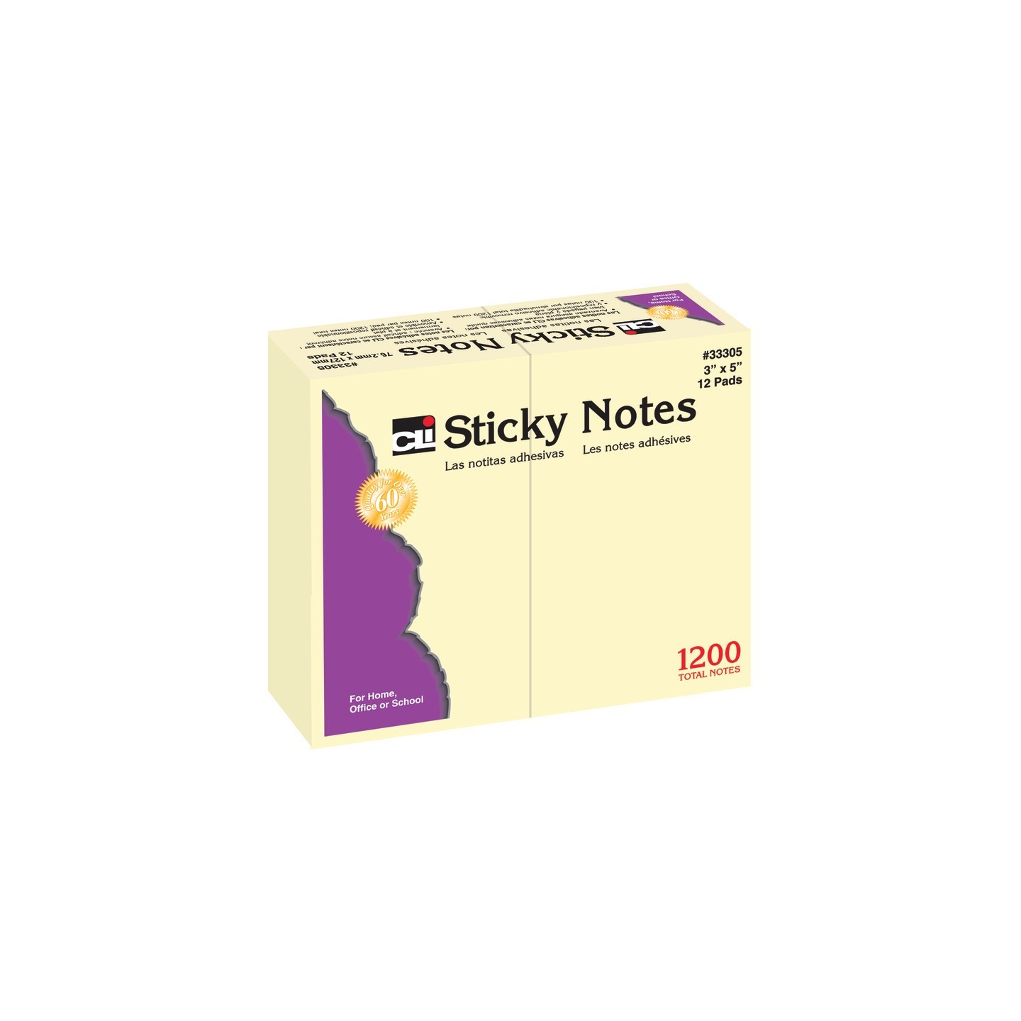 Charles Leonard Sticky Notes, 3" x 5", Plain, Yellow, 12 Pads