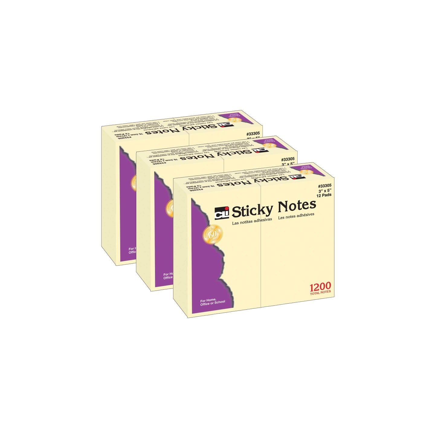 Charles Leonard Sticky Note Pads, 3" x 5" Plain, 12 Per Pack, 3 Packs