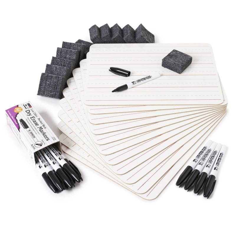 Charles Leonard Dry Erase Classpack, Lined 1-Sided Boards, Markers & Erasers, Pack of 12