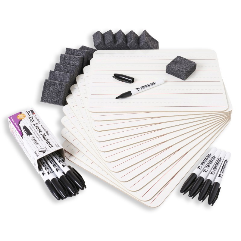 Charles Leonard Magnetic Dry Erase Classpack, Plain/Lined 2-Sided Boards, Markers & Erasers, Pack of 12