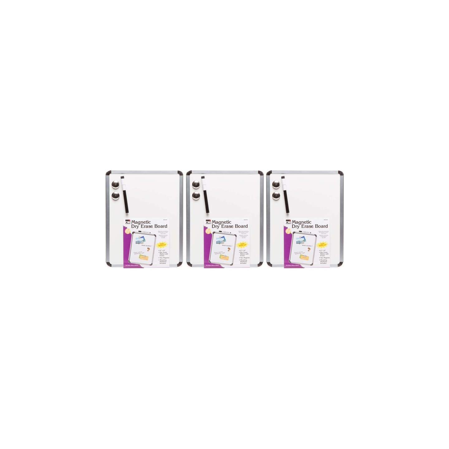 Charles Leonard Framed Magnetic Dry Erase Board with Marker & Magnets, Silver Frame, 11" x 14", Pack of 3