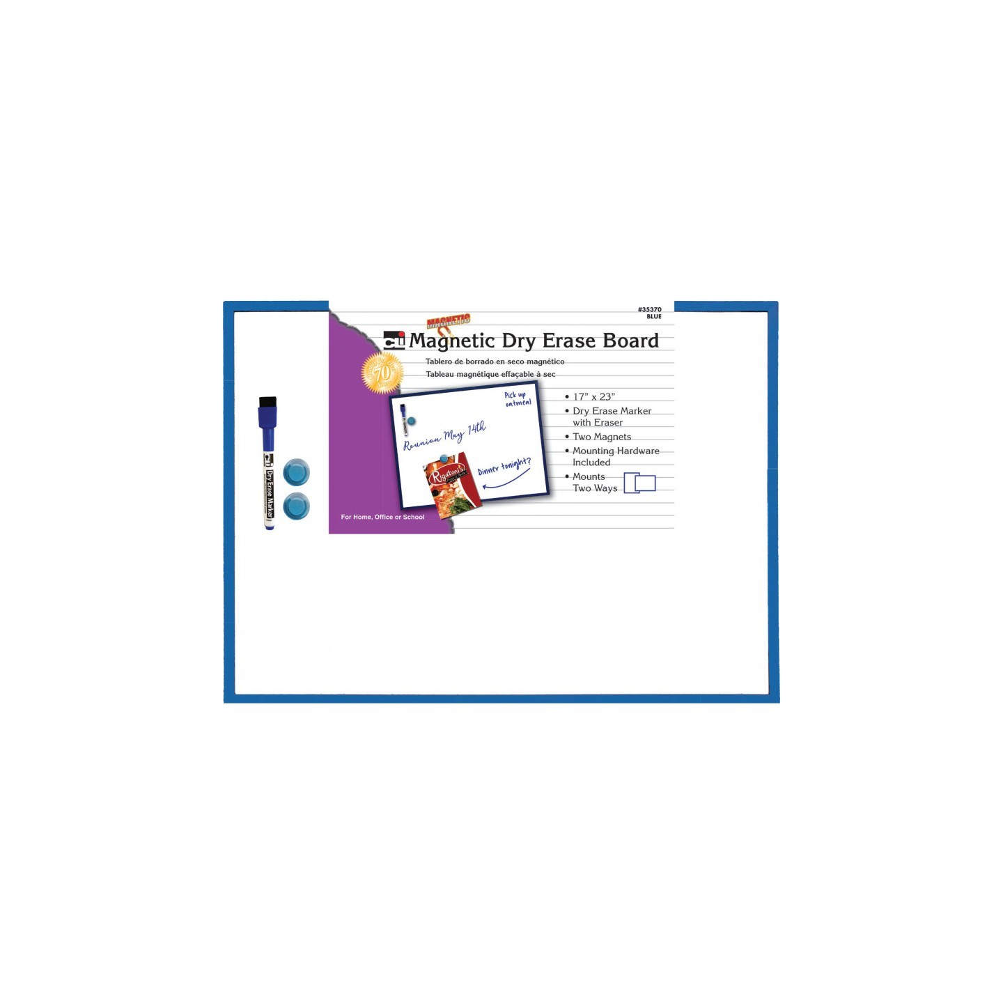 Charles Leonard Magnetic Dry Erase Board, 17" x 23", w/Eraser/Marker and 2 Magnets, Blue Frame, 1 Each
