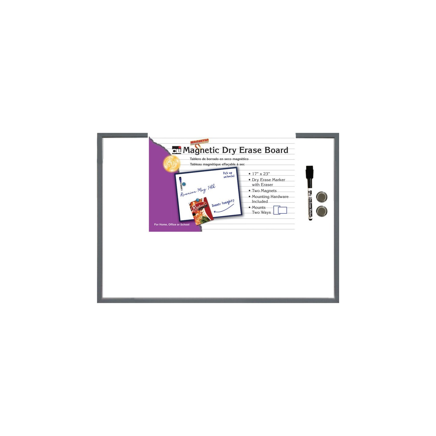 Charles Leonard Magnetic Dry Erase Board, 17" x 23", w/Eraser/Marker and 2 Magnets, Gray Frame, 1 Each