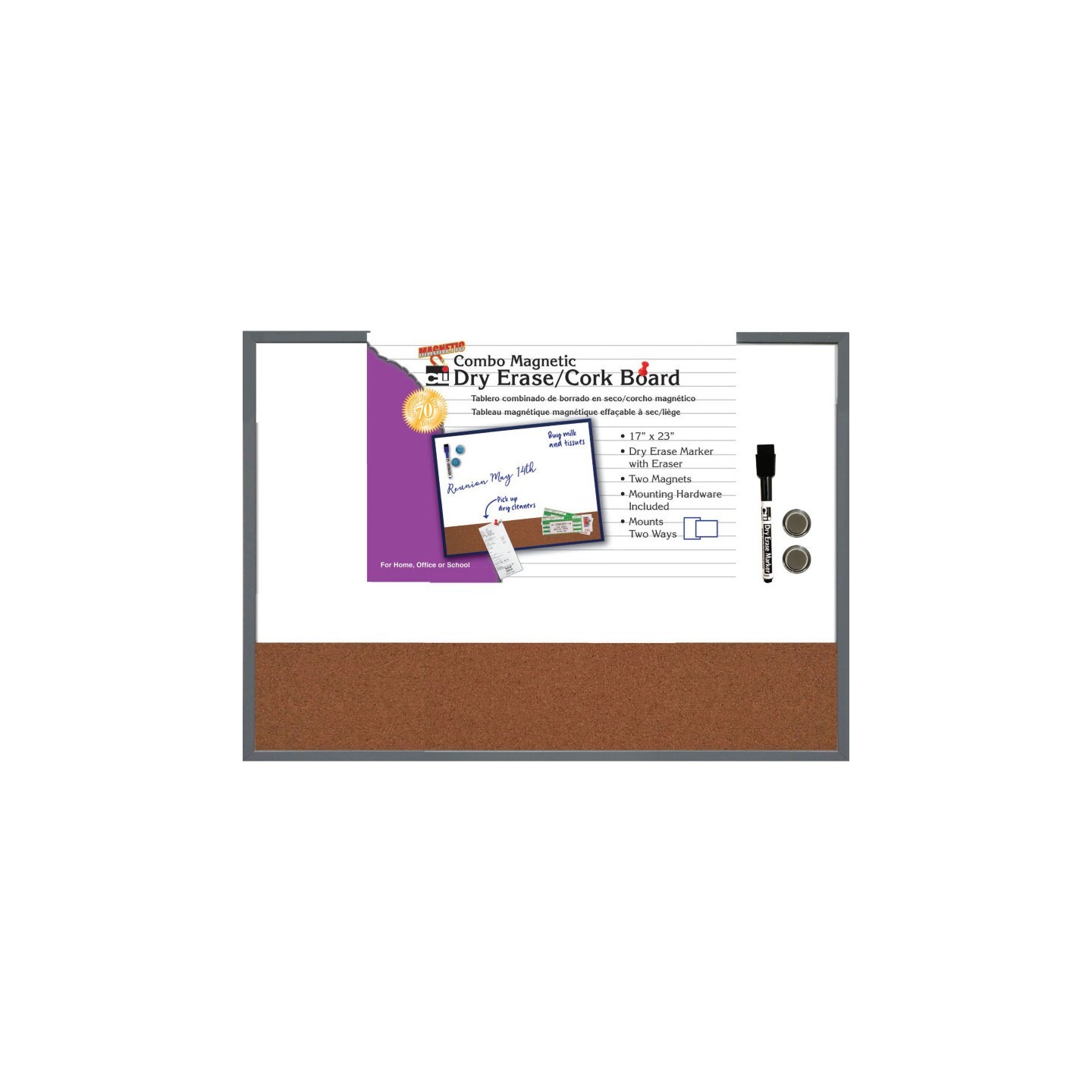 Charles Leonard Magnetic Dry Erase Board with Cork Board, 17" x 23", w/Eraser/Marker and 2 Magnets, Gray Frame, 1 Each