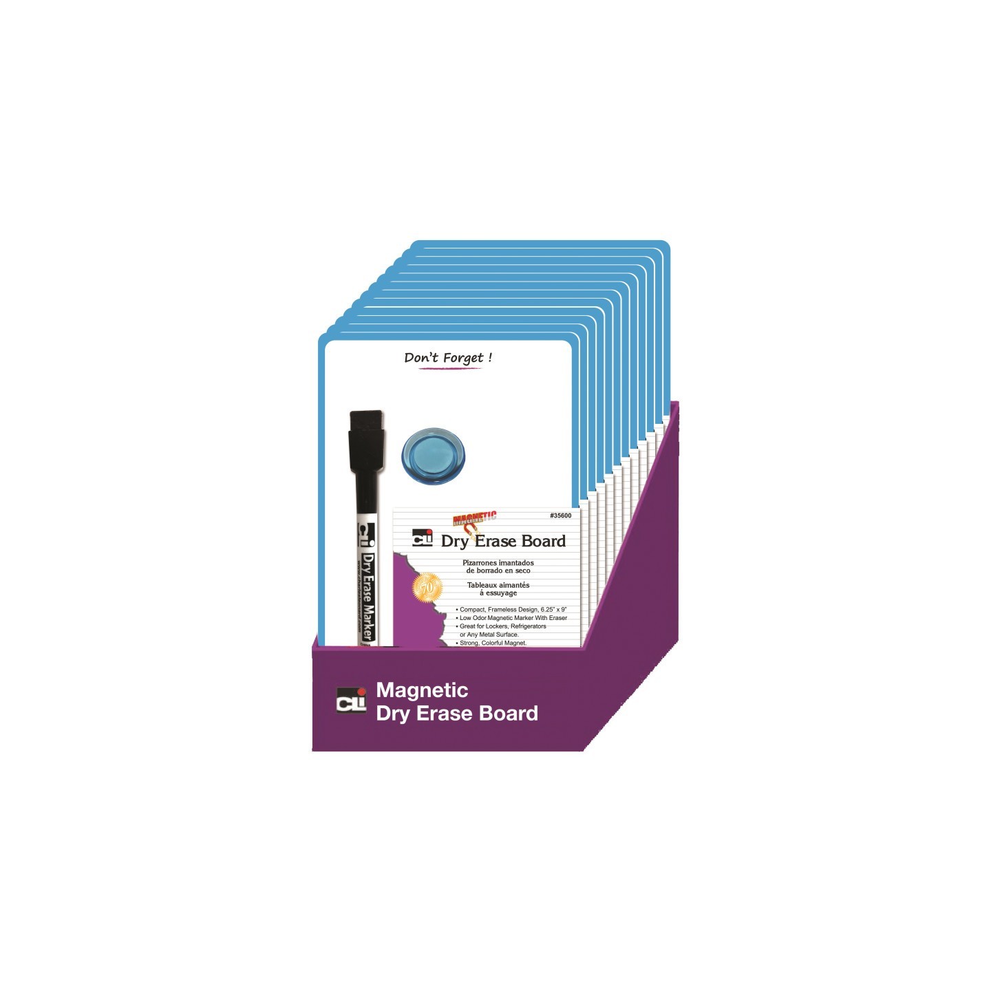 Charles Leonard Magnetic Mini Dry Erase Boards, 6-1/4" x 9", Marker w/Eraser and 1 Magnet, Blue Frame, Pack of 12