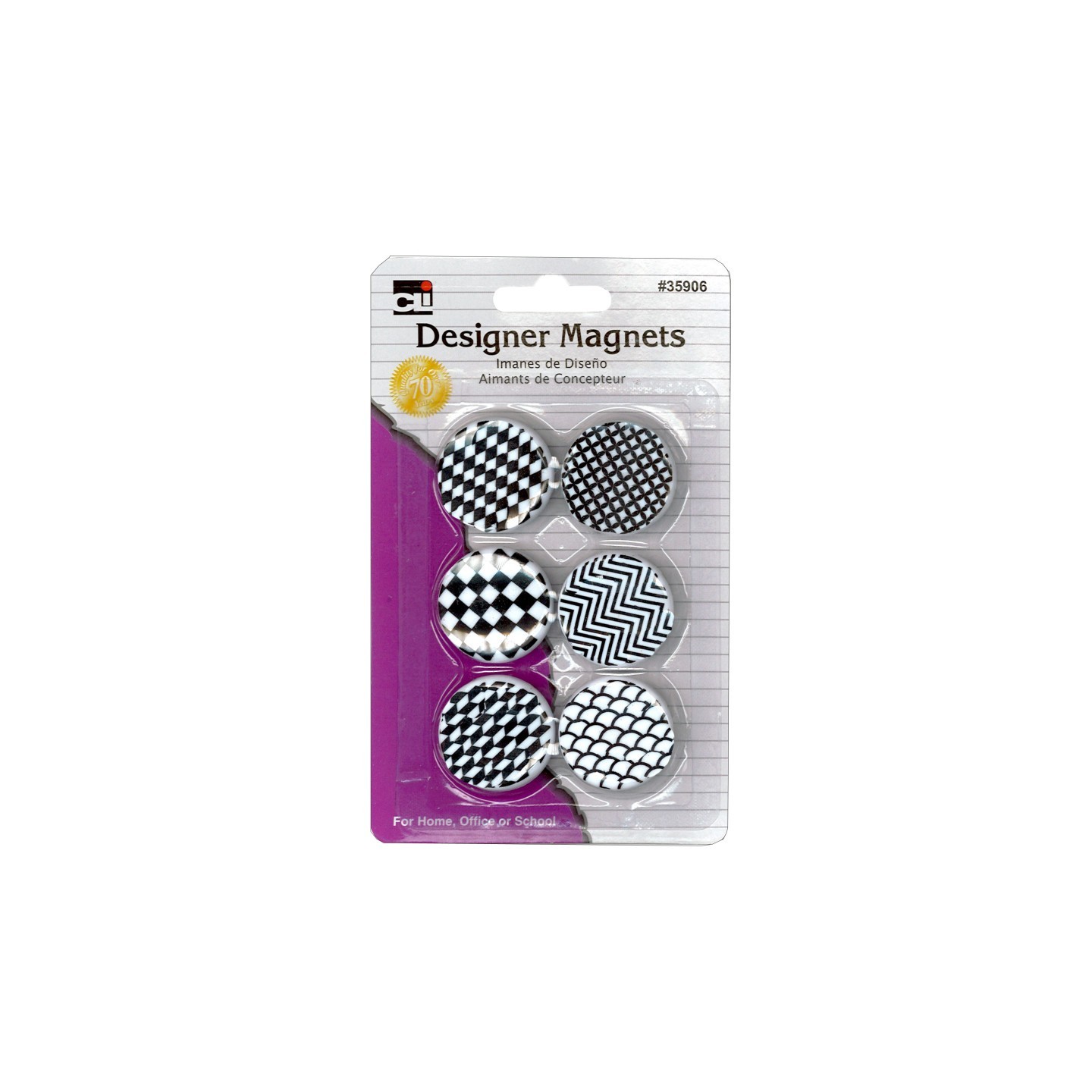 Charles Leonard Designer Button Style Magnets, Assorted Designs, Black/White, Pack of 6