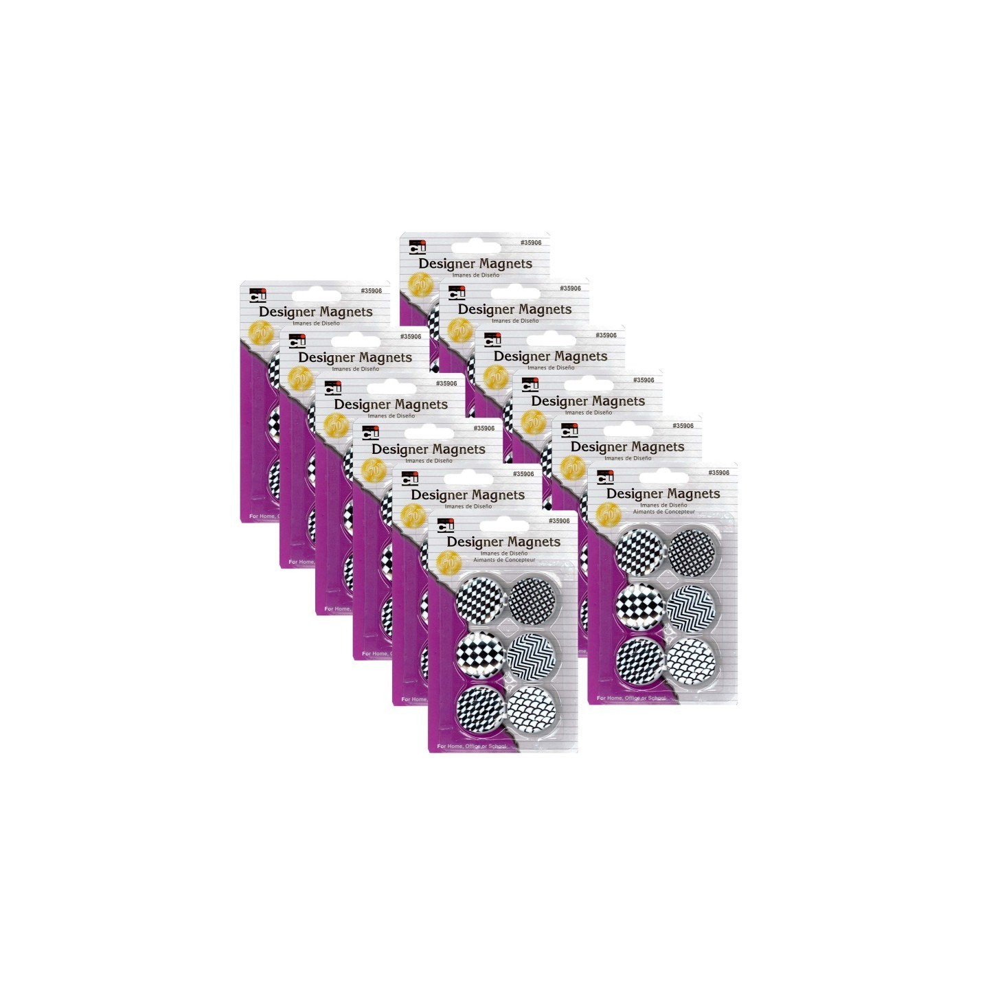 Charles Leonard Designer Button Style Magnets, Super Strong - Assorted Black & White Designs, 6 Per Pack, 12 Packs