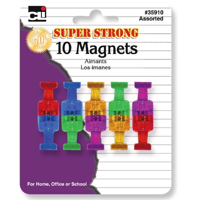Charles Leonard Push Pin Style Magnets, Super Strong, Assorted Colors, Pack of 10