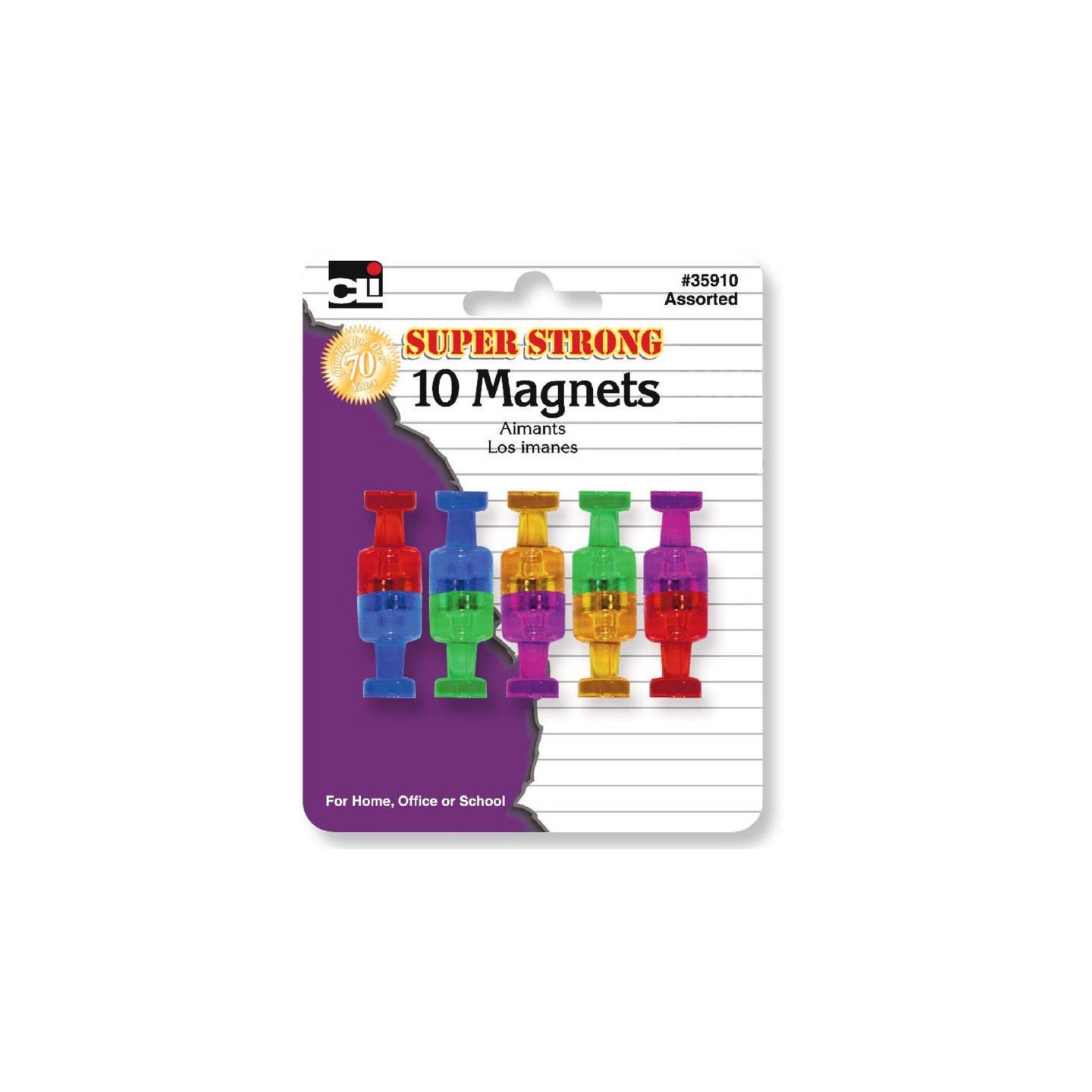 Charles Leonard Push Pin Style Magnets, Super Strong, Assorted Colors, Pack of 10