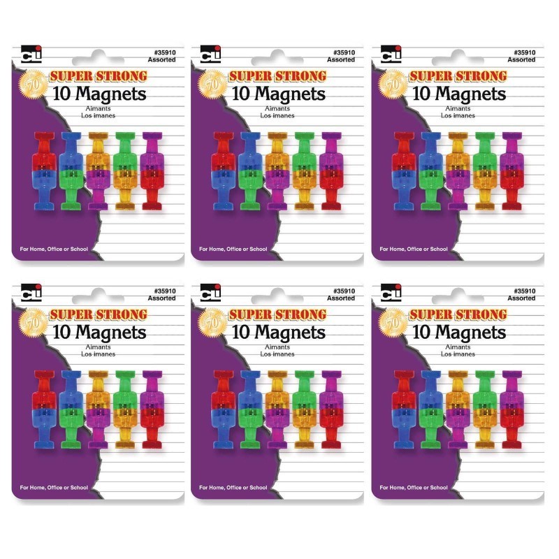 Charles Leonard Push Pin Style Super Strong Strength Magnets, Assorted Colors, 10 Per Pack, 6 Packs