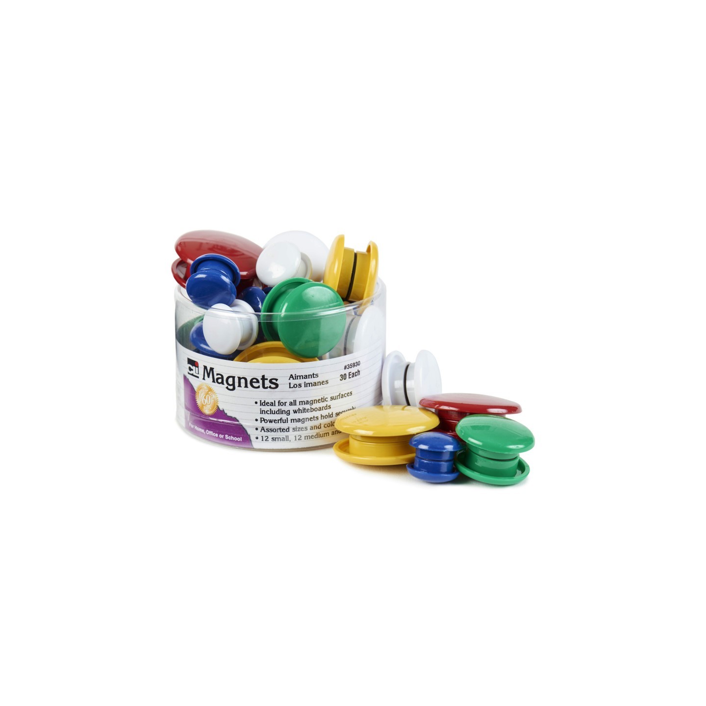 Charles Leonard Round Magnets, Assorted Sizes & Colors, Tub of 30