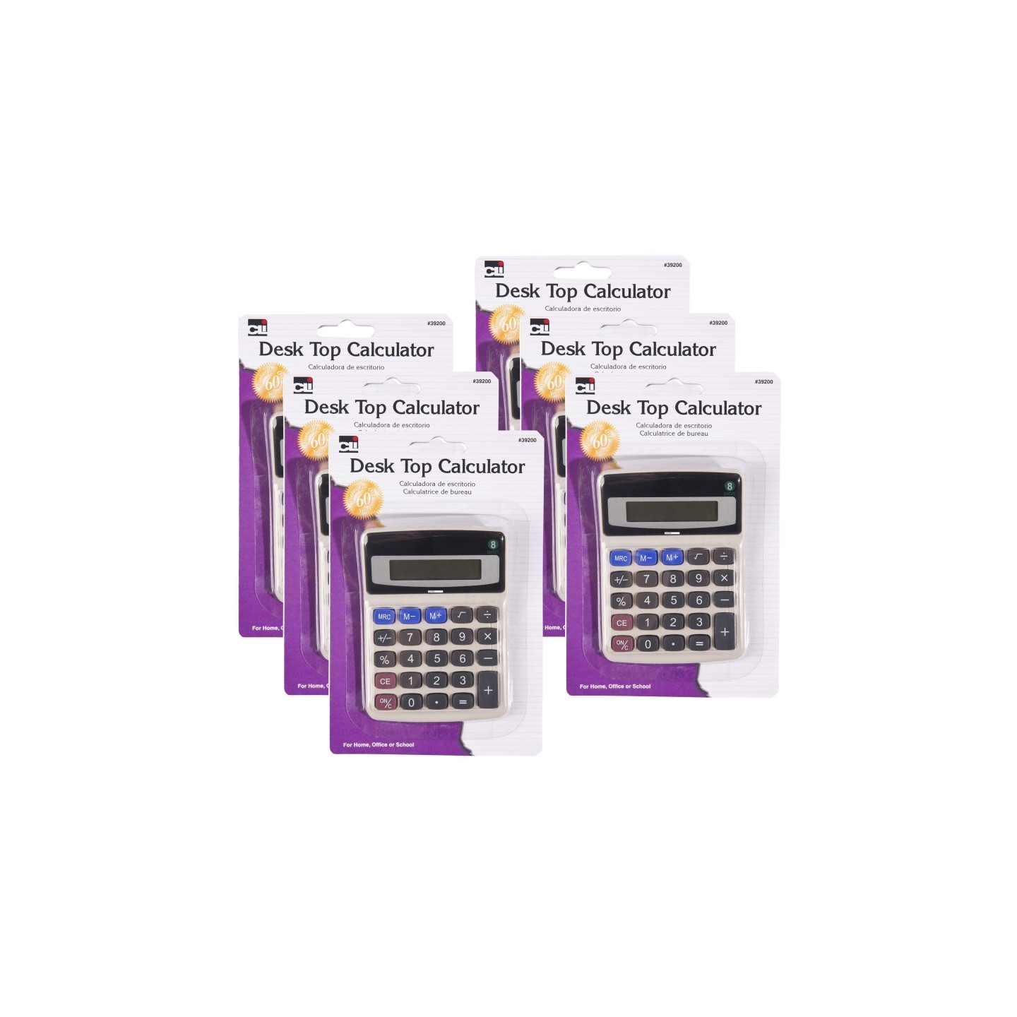 Charles Leonard Desktop Calculator, Battery and Solar Powered with Tilted 8 Digit Display, Pack of 6