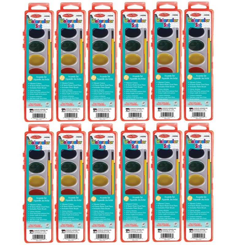 Charles Leonard Semi-Moist Watercolor Paint Set, Oval Pan with Brush, 8 Assorted Colors, 12 Sets