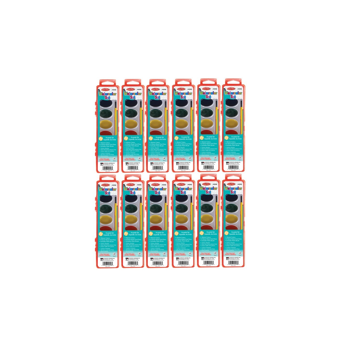 Charles Leonard Semi-Moist Watercolor Paint Set, Oval Pan with Brush, 8 Assorted Colors, 12 Sets